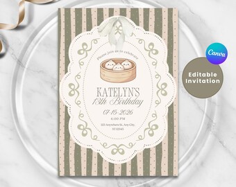 Dumpling Birthday Invitation, Vintage Stripe Green Invite, Little Dumpling, Asian Themed Party, Kids Food Theme Party, Adult Invitation