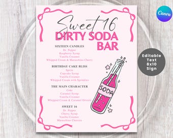 SWEET 16 DIRTY Soda Bar Schilder | 16.Geburtstags-Party-Girl Drink-Bar | Soda Bar | Bearbeitbare Leinwand | Soda Mix Bar Getränke | Getränkekarte