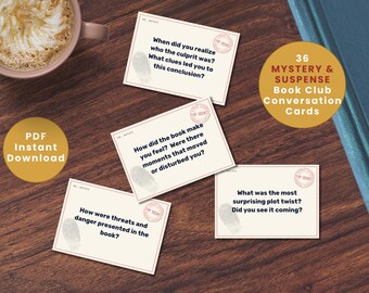 36 MYSTERY & SUSPENSE BOOK Club Conversation Cards | Bookclub Ice Breaker Questions | Book Lover | Discussion Prompts | Reading Group