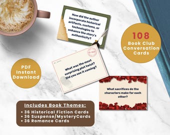 108 THEMED BOOK Club Conversation Cards | Bookclub Ice Breaker Questions | Book Lover | Discussion on Romance, Historical Fiction, Mystery