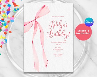 BOW BIRTHDAY INVITATION | Pink Coral Birthday Invite | Coquette Birthday | Watercolor Aesthetic | Editable Canva | Simple Pretty Party Theme