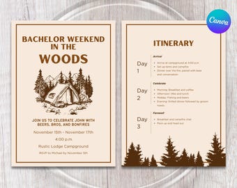 BACHELOR WEEKEND in the Woods INVITATION & Itinerary | Bachelor Camping Getaway | Bachelor Weekend | Beers, Bros, and Bonfires | Editable