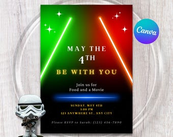 May the 4th Einladung | Möge der Vierte mit dir sein Einladungen | Stern-Mottoparty | Bearbeitbare Leinwand | Eins mit der Macht | Abendessen und Film