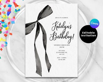 BOW BIRTHDAY INVITATION | Black Birthday Invite | Coquette Birthday | Watercolor Aesthetic | Editable Canva | Simple Pretty Party Theme