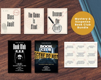 MYSTERY & SUSPENSE BOOK Club Bundle | Bookclub Ice Breaker Questions | Book Club Party Signs | Book Club Invitation | Reading Group Fun