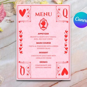 HARTENKONINGIN-MENU | Galentines Feestmenu | Valentijnsfeest | Bewerkbaar canvas | Afdrukbare dinermenukaart | Cocktailstrikje | Girls Night