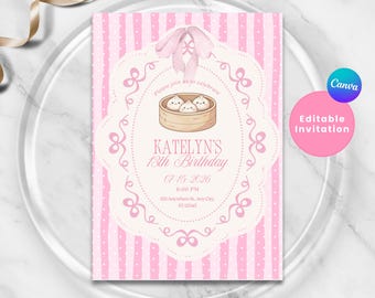 Dumpling Birthday Invitation, Vintage Stripe Pink Invite, Little Dumpling, Asian Themed Party, Kids Food Theme Party, Adult Invitation