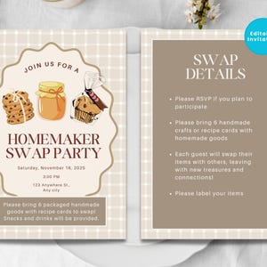 May include: An invitation for a Homemaker Swap Party with illustrations of cookies, jam, and a muffin. The invitation includes details about the event, such as the date, time, and location.