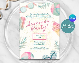 SUMMER PARTY Birthday Invitation, Backyard BBQ Invite, Beach Bash, Pool Party, Kids Outdoor Water Party, Adult Invitation, Editable