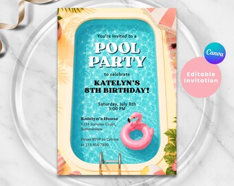 Summer Pool Party Invitation, Pool Birthday Party, Splash Bash, Graduation Kids Pool Party, Canva Template, Editable, end-of-school