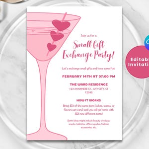 May include: Pink invitation for a Small Gift Exchange Party, featuring a martini glass with heart-shaped garnishes. The invitation includes event details: date, time, location, and instructions. The Canva logo and "Editable Invitation" text are also visible.