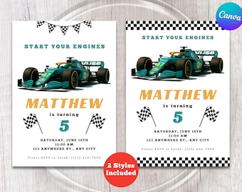 Invitation d'anniversaire de voiture de course | Faire-parts F1 | Faire-part d'anniversaire pour enfants | Thème Formule 1 | Fête d'anniversaire à damier F1 modifiable