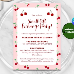 May include: Pink invitation with a cherry pattern, announcing a "Small Gift Exchange Party!" on February 14th at 7:00 PM. The invitation includes details about the event and how it works, with a Canva and Editable Invitation logo.