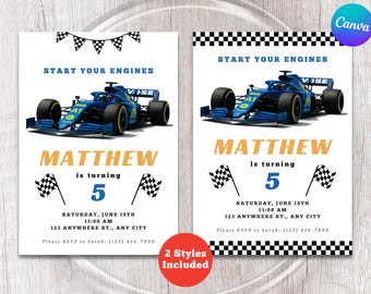 Invitation d'anniversaire de voiture de course | Faire-parts F1 | Faire-part d'anniversaire pour enfants | Thème Formule 1 | Fête d'anniversaire à damier F1 modifiable