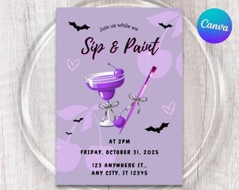 HALLOWEEN SIP and PAINT Invitation | Spooky Paint Party | Ladies Night Party | Editable Canva | Birthday Party Invite | Girls Night