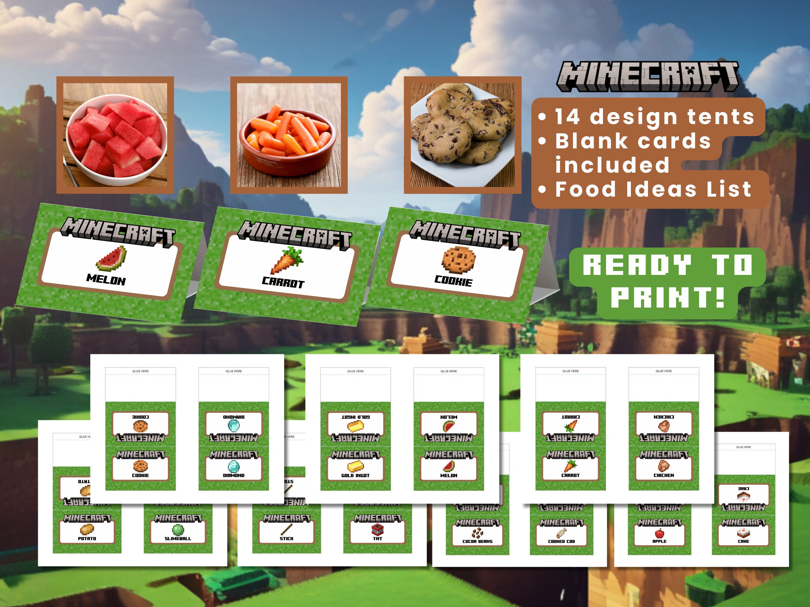 MINECRAFT FOOD TENT cards 14 party decor cards Food Tents Name Tents Snack food labels Minecraft birthday decoration kids