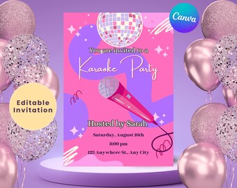 PINK DISCO KARAOKE Party Invitation | Girls Karaoke Invite | Singing Party | Editable Canva | Karaoke Birthday | Ladies Night Karaoke Party