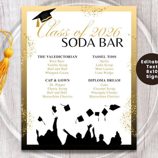 GRADUATION SODA BAR Signs, Mocktail Menu, Class of 2026, Grad Party Drinks, Beverage Drink Menu Sign, High School, College Graduation