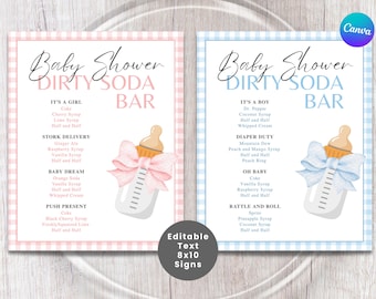 BABY SHOWER DIRTY Soda Bar Schilder | Mädchen oder Junge Party Drink Bar | Soda Bar | Bearbeitbare Leinwand | Gender Reveal Party Getränke | Getränkekarte