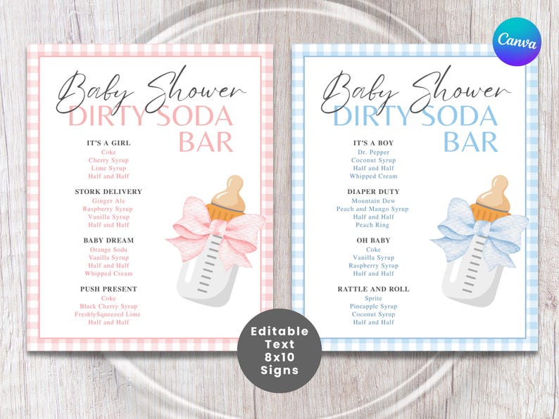 BABY SHOWER DIRTY Soda Bar Signs | Girl or Boy Party Drink Bar | Soda Bar | Editable Canva | Gender Reveal Party Drinks | Drink Menu image 1