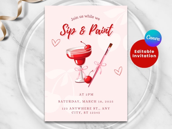 SIP and PAINT INVITATION | Galentines Paint Party | Ladies Night Party | Editable Canva | Birthday Party Invite | Girls Night | Mother's Day
