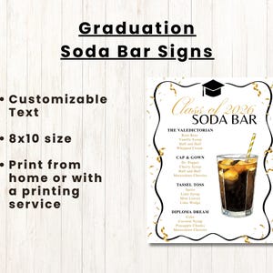 K&ouml;nnte beinhalten: Ein Schild zum Thema Abschlussfeier mit dem Text "Graduation Soda Bar Signs" und "Class of 2026 Soda Bar". Das Schild enth&auml;lt Getr&auml;nke-Rezepte und ist 20x25 cm gro&szlig;. Das Schild ist anpassbar.