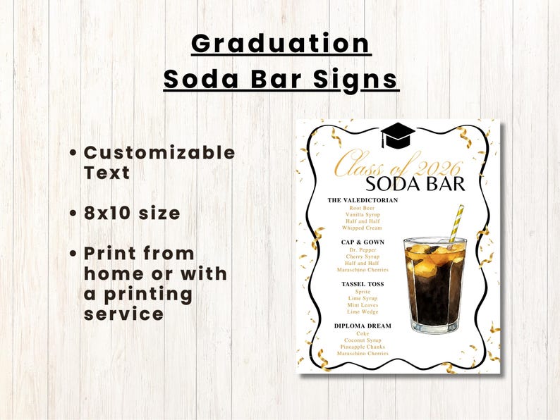 K&ouml;nnte beinhalten: Ein Schild zum Thema Abschlussfeier mit dem Text "Graduation Soda Bar Signs" und "Class of 2026 Soda Bar". Das Schild enth&auml;lt Getr&auml;nke-Rezepte und ist 20x25 cm gro&szlig;. Das Schild ist anpassbar.