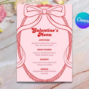 MENU NA DZIEŃ GALENTYNEK | Menu na przyjęcie galentyńskie | Przyjęcie walentynkowe | Edytowalny Canva | Wydrukowana karta menu kolacji | Kokarda kokietki | Wieczór panieński