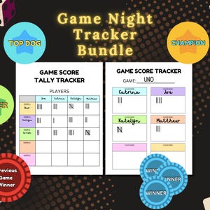 Rastreador y fichas de PUNTUACIÓN DE LA NOCHE DE JUEGO / noche de juegos familiar / hoja de recuento de juegos / tarjeta de puntuación / fichas de ganador / rastreador de juegos de póquer / juego de mesa