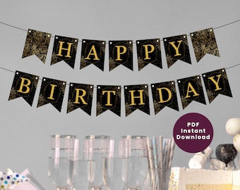 BLACK and GOLD BIRTHDAY Banner | Elegant Party Banner | Girls Party Decorations | Birthday Dinner Decoration | Black Gold | Printable Banner