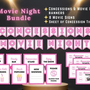 PINK FILMNACHT bündel | Film Banner | Kino Snack-Karten | Film Zeichen | Konzessionsbanner | Theaterparty | Familie Film Dekorationen
