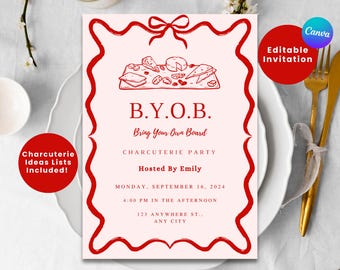 BOARD PARTY Invitation | Bow Charcuterie Invites | Board Party | Editable Canva | Charcuterie Dinner Invite | BYOB Dinner Party | B.Y.O.B.