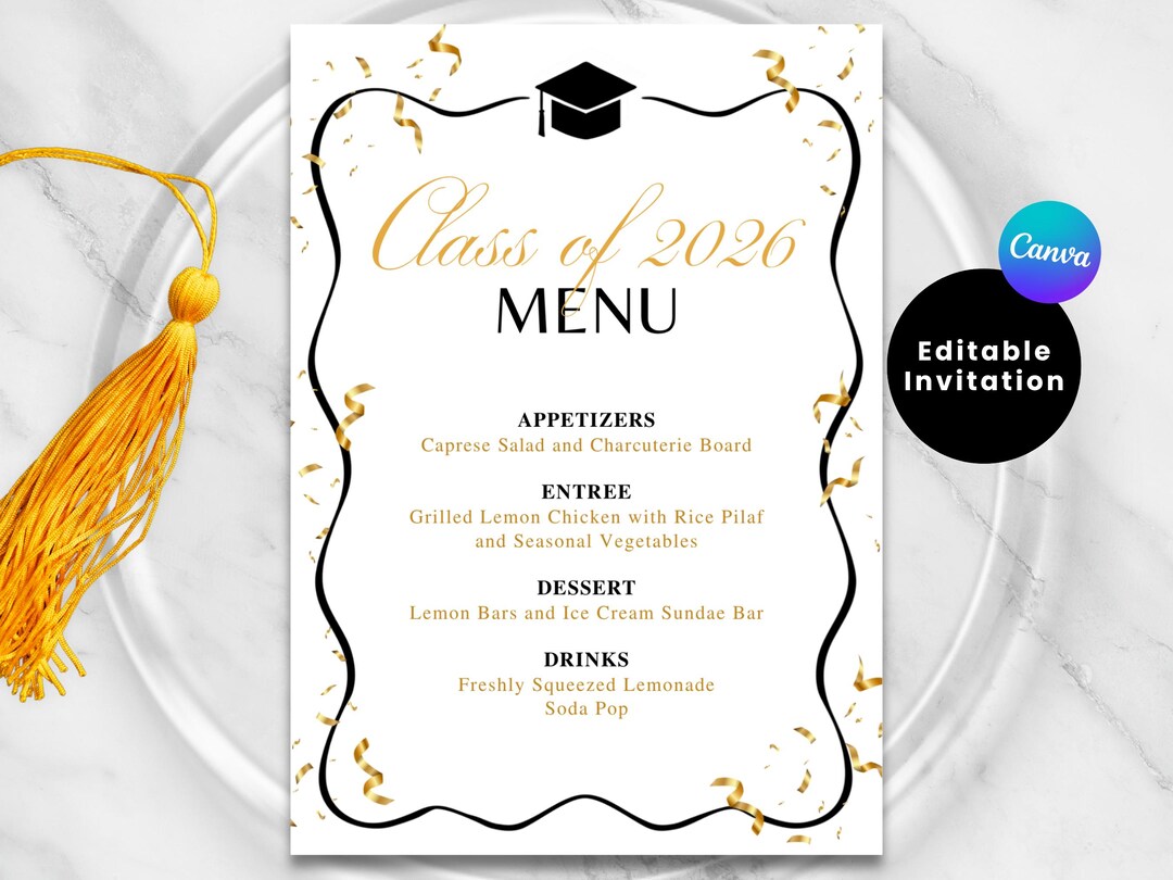 GRADUATION MENU, Printable Menu Card, Class of 2026, Grad Party Menu ...