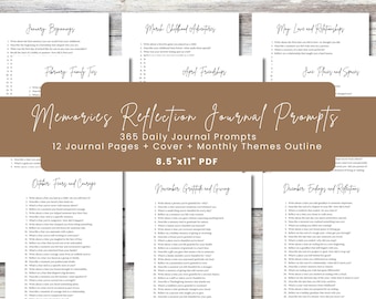 May include: A printable PDF journal with 365 daily prompts for reflection. The journal is divided into 12 monthly themes, such as January Beginnings, February Family Ties, March Childhood Adventures, and December Endings and Reflections. The journal is 8.5 inches by 11 inches.