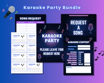 May include: A printable karaoke party bundle with a song request sheet, a karaoke contest sheet, and a sign that says "Karaoke Party, Please Leave Your Request Here".