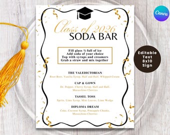GRADUATION SODA BAR Schilder, Mocktail-Menü, Klasse von 2026, Grad Party Drinks, Getränkekarte Schild, High School, College Abschluss