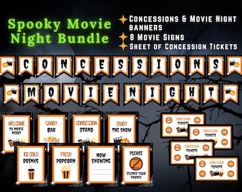 May include: A Halloween movie night bundle featuring banners, signs, and concession tickets. The banners spell out "CONCESSIONS" and "MOVIE NIGHT" in orange and black. Signs include "Welcome," "Candy Bar," and "Fresh Popcorn."