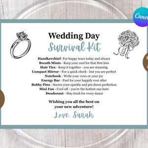 Cartão de kit de sobrevivência para o dia do casamento | Chá de panela | Kit de sobrevivência para a noiva | Canva editável | Um com a força | Jantar e filme