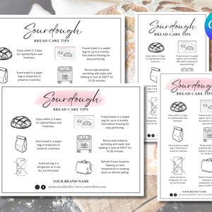 May include: Four black and white printable cards with tips for storing and reviving sourdough bread. The cards feature illustrations of bread, a paper bag, a toaster oven, and a refrigerator. The text on the cards reads "Sourdough Bread Care Tips".