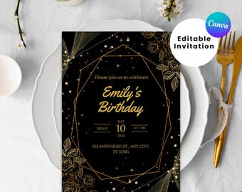 BLACK and GOLD BIRTHDAY Invitation | Black and Gold Invites | Black and Gold Party | Editable Canva | Black and Gold Birthday Dinner Invite