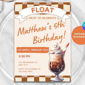 Könnte beinhalten: Eine Geburtstagseinladung mit einem braunen und weißen karierten Hintergrund. Die Einladung zeigt eine Comic-Illustration eines Schokoladen-Milchshakes mit Schlagsahne und einem roten und weißen Strohhalm. Der Text auf der Einladung lautet: "FLOAT ON BY TO CELEBRATE Matthew's 5th Birthday!"  "SATURDAY, FEBRUARY 12TH" "5:00 PM" "123 ANYWHERE ST. ANY CITY" "RSVP TO CATRINA AT 123-456-7890"