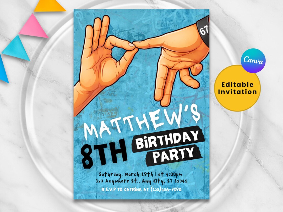 67 Hand Sign Viral Birthday Invitation, Kids and Teens Trendy Party ...