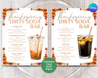 Może przedstawiać: Dwa znaki dla Thanksgiving Dirty Soda Bar, ozdobione jesiennymi liśćmi. Jeden znak przedstawia napój z żurawiną i słomką, drugi ciemną sodę. Tekst zawiera przepisy na napoje i "Edytowalny tekst 8x10 Signs."