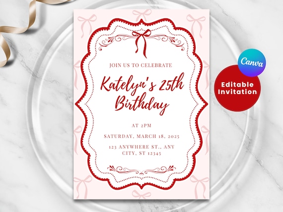 VINTAGE COQUETTE BIRTHDAY Invitation | Adult Bow Birthday Invite | Bow Invitation | Vintage Aesthetic | Editable Canva | Coquette Theme