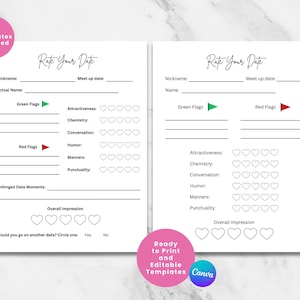 BEWERTEN SIE IHR DATUM Vorlagen | Druckreife Datum Bewertung | Dating Arbeitsblatt | Bearbeitbar | Dating Journal | Mädchen Nacht aus | Geschwindigkeit-Dating