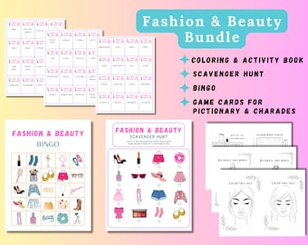 PAQUETE DE ACTIVIDADES DE MODA Y BELLEZA / juegos de moda / Sopa de letras / charadas / Bingo / Juegos de fiesta / colorear / búsqueda del tesoro / Pictionary