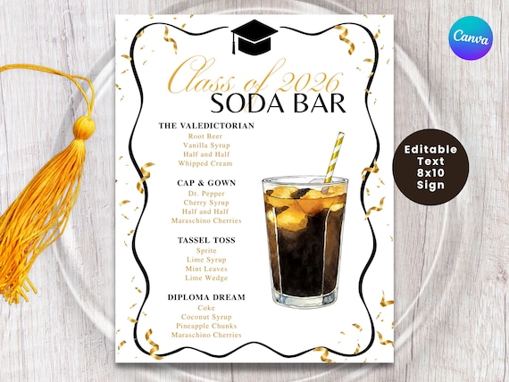 GRADUATION SODA BAR Signs, Mocktail Menu, Class of 2026, Grad Party Drinks, Beverage Drink Menu Sign, High School, College Graduation