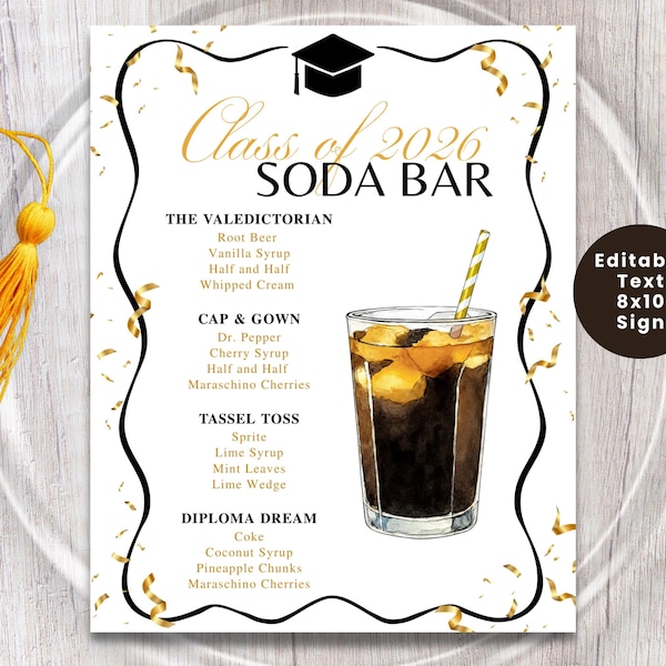 GRADUATION SODA BAR Signs, Mocktail Menu, Class of 2026, Grad Party Drinks, Beverage Drink Menu Sign, High School, College Graduation