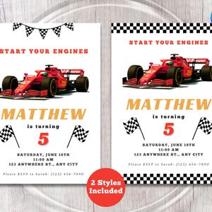 Könnte beinhalten: Zwei druckbare Geburtstagseinladungen mit einem roten Rennwagen und schwarz-weißen karierten Flaggen. Der Text auf den Einladungen lautet "Start Your Engines" und "Matthew wird 5 Jahre alt".