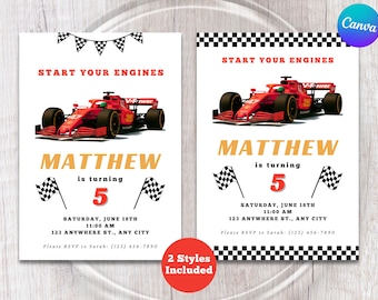 Invitation d'anniversaire de voiture de course | Faire-parts F1 | Faire-part d'anniversaire pour enfants | Thème Formule 1 | Fête d'anniversaire à damier F1 modifiable